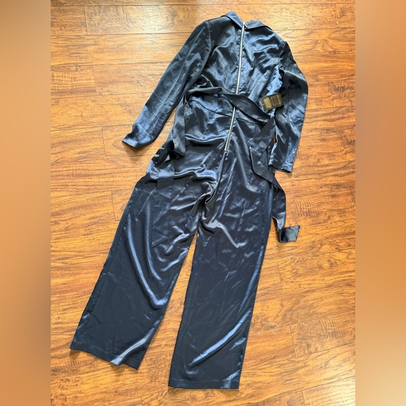 bebe Satin Blazer Jumpsuit Blue Tie Waist V Neck Business Spring | Medium - Picture 10 of 10
